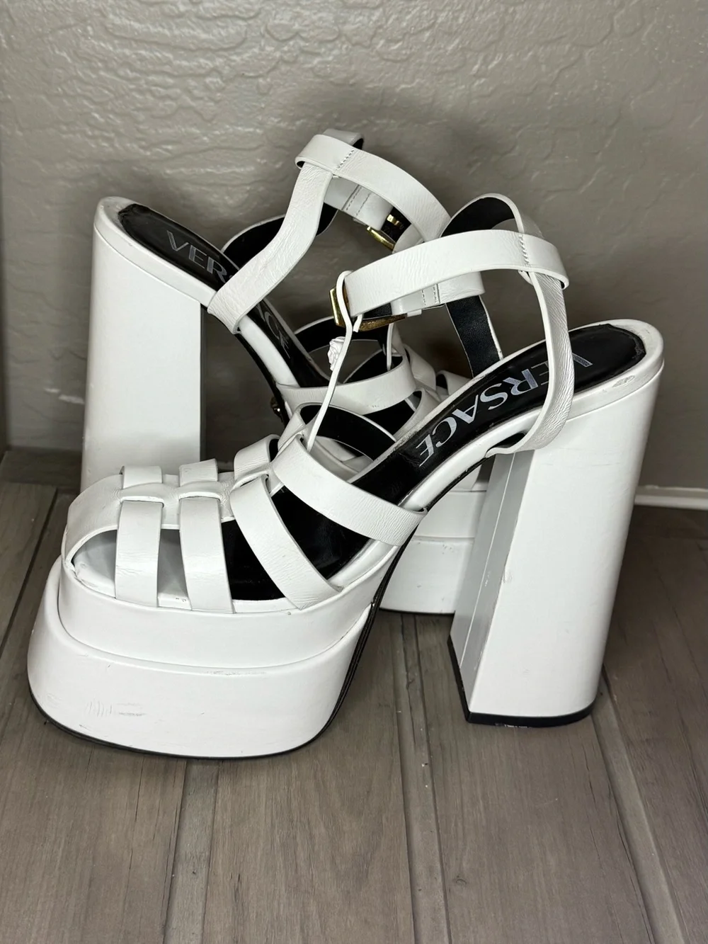 Versace White High Block Platform Strappy Sandals